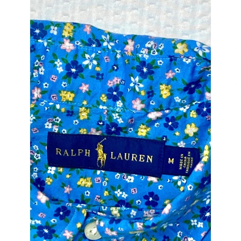 Ralph Lauren Floral Button Down Shirt Mens Sz M Blue Cotton Long Sleeve Spring